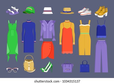 Lot of varied colorful stuff vector illustration isolated on dark backdrop hats and caps, dresses and shirts, skirt and handbags, shoes and sunglasses
