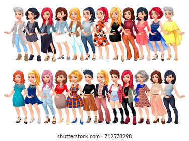 Varied female fashion avatar. Vector cartoon characters with different dresses, shoes and hairstyles. They are all interchangeable.