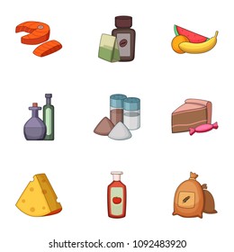 Varied food icons set. Cartoon set of 9 varied food vector icons for web isolated on white background