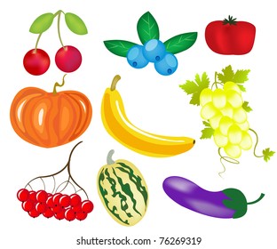 Varied fruits and berries on white background