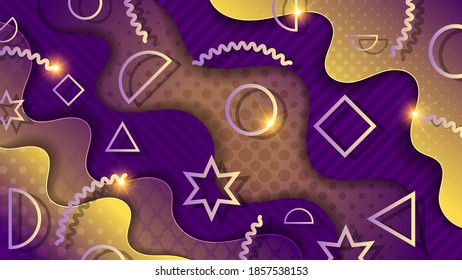 varied geometric outlines against a background of overlapping purple yellows with light strokes, textured, abstract shapes with wavy edges. memphis style wallpaper with 3d effect. vector