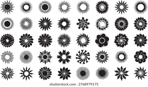 Varied geometric patterns resembling intricate sunburst and radial designs Vector