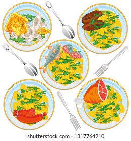 Varied guard keep on fish plate and meat,mushroom on white background is insulated