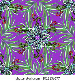Varied leaves on violet, green and neutral colors. Jungle pattern. Tropical palm leaves and pineapple seamless. Print on cloth template. Vector illustration. Leaves of palm.