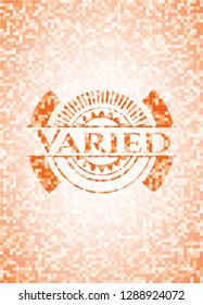Varied orange tile background illustration. Square geometric mosaic seamless pattern with emblem inside.
