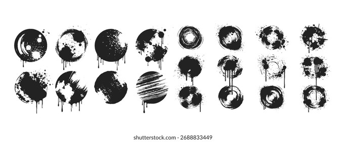 A varied selection of black circular ink splatters and grunge textures, some featuring drips, all presented isolated on a white background for versatile design applications.