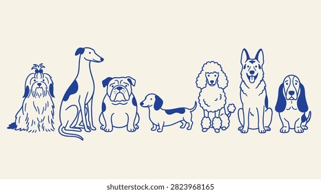 A varied selection of popular purebred dogs lined up neatly, ideal for veterinary graphics, pet care branding, and animal themed decor.