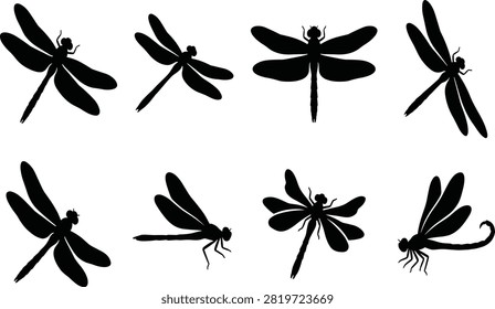 A varied set of black dragonfly vector silhouettes presented in different flying and resting angles isolated on a white background. Perfect for nature-themed logos, tattoo art, garden graphic decorations, biological illustrations, and summer designs.
