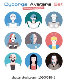 Varied set of cyborgs characters avatars. Imaginative and friendly colourful collection of happy 
characters, that combine the human and the machine to give a futuristic image to your social media.