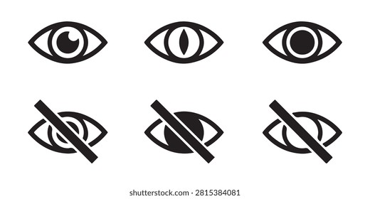 Varied set of eye symbols including reptilian pupil shapes and disabled visibility icons perfect for user interface design security apps and status indicators for modern digital platforms.