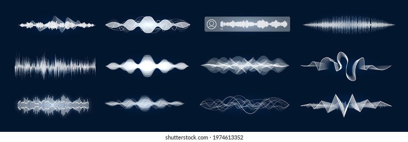 Varied sound waves, beautiful set one color. Concept voice assistant, equalizer and sound recognition. Suitable for App, UI, UX design. Hi-tech AI assistant voice. HUD graph signal Sound Waves. Vector