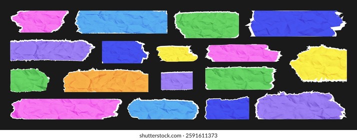 Varied textured scraps of colored paper arranged with torn edges showcasing a creative and artistic surface ideal for crafting projects and note-taking activities