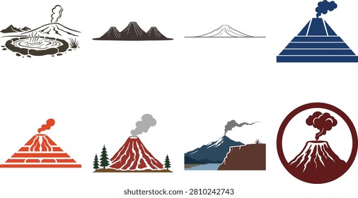 A varied volcano illustration collection featuring erupting mountains, smoking volcanic peaks, lava formations, crater landscapes, geothermal scenes, and symbolic eruption icons. The collection represents geology, volcanic activity, natural hazards, earth science, and dramatic mountain scenery.