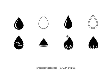 Varied water drop illustrations and geometric forms, representing liquid, purity and natural elements.