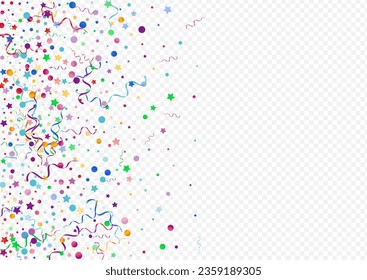 Variegated Circles Party Vector Panoramic Transparent Background. Flying Particles Design. Ribbon Swirl Invitation. Multi colored Christmas Illustration.