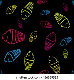 Variegated circuit of ice-cream seamless pattern on black background. Fashion design. Stylish graphic of summer. Template for prints, textile, wrapping and decoration, wallpaper. Vector illustration.