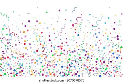 Variegated Confetti Swirl Vector White Background. Shiny Streamer Poster. Spiral Flying Design. Bright Decoration Illustration.
