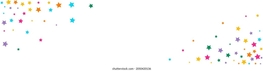 Variegated Elegant Vector Panoramic White Background Confetti Pattern. Rainbow Decoration Sky Banner. Dust  Border. Color Christmas Starry Illustration.