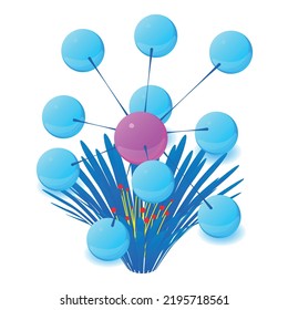 Variegated Flower Icon Isometric Vector. Bloomed Blue Flower And Molecule Icon. Biology And Botany Science, Plant Genetic Engineering, Biotechnology