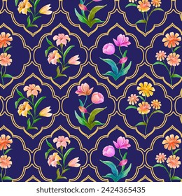 Variegated flowers standing beneath delicate arches creating a botanical grid with a vintage feel. watercolor botanical flowers pattern on blue background.