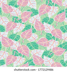 Variegated foliage with pink white and green leaves seamless vector pattern. Decorative surface print design with recent house plants trend. For fabrics, stationery, gift wrap, textile, and packaging.