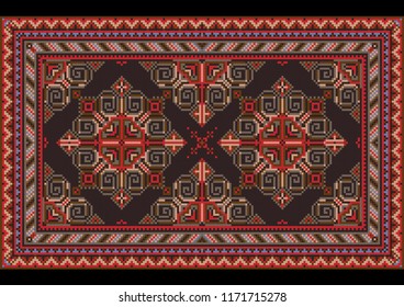 Variegated luxury vintage oriental carpet with red, blue, gray and brown shades on black background