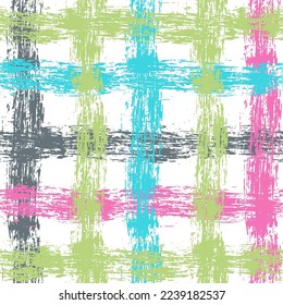 Variegated multicolor tapestry plaid woven texture. Space dyed watercolor effect knit check background. Fuzzy thin grungy textile material. Tufted boucle carpet rug fabric effect.