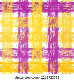 Variegated multicolor tapestry plaid woven texture. Space dyed watercolor effect knit check background. Fuzzy thin grungy textile material. Tufted boucle carpet rug fabric effect.