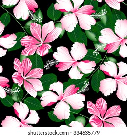 Variegated pink tropical hibiscus flowers seamless pattern .