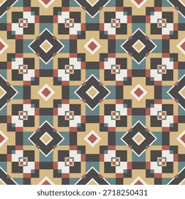 Patrón poligonal sin costuras variado en colores cálidos. Las formas artísticas se agrupan y organizan en un orden específico. Imagen de Vector para impresión, textil, embalaje, diseño de interiores y sus otros proyectos.