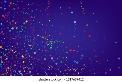 Variegated Ribbon Anniversary Vector Blue Background. Flying Spiral Design. Confetti Carnival Template. Colored Shiny Poster.