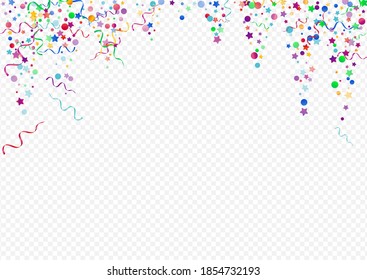 Variegated Ribbon Christmas Vector Panoramic Transparent Background. Celebration Star Poster. Circles Happy Invitation. Multi colored Flying Design.