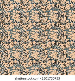 A variegated seamless pattern with chaotically
twisted contours. Hand drawn background for your design. Textile, packaging, blog decoration, banner, poster, wrapping paper. Vector. 