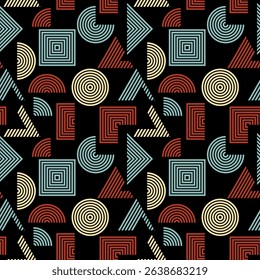 Variegated seamless pattern with geometric elements. Vector illustration for print, fabric, cover, packaging, interior decor, blog decoration and other your projects.