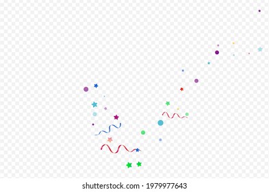 Variegated Streamer Anniversary Vector Panoramic Transparent Background. Falling Spiral Illustration. Circles Party Invitation. Multi colored Isolated Design.