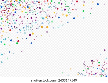 Variegated Streamer Party Vector Panoramic Transparent Background. Abstract Spiral Branch. Star Fun Design. Bright Christmas Template.