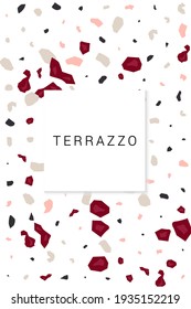 Verschiedenes Terrazzo Tile, Vektorweißer Hintergrund. Abstrakte Terrazzo-Wandvorlage. Braune und beige Keramikstruktur.