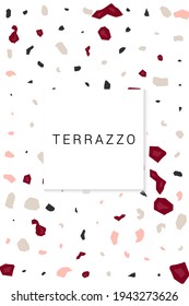 Variegated Terrazzo Tile Vector White Background. Concrete Terrazzo Wall Illustration. Red and Peach Pebble Wallpaper.