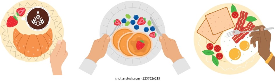 Varieties of beautiful and tasty breakfasts, vector illustration.