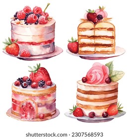 varieties of cakes. Hand draw watercolour.