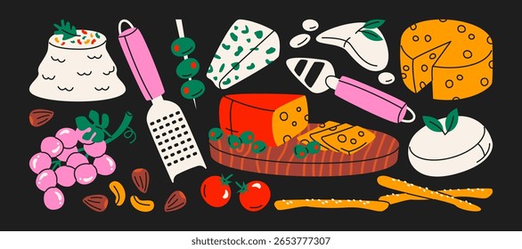 Variedades de queijo em estilo retro cartoon. Antipasti set: mozzarella, gouda, parmesão, azeitonas, uvas. Lanche gourmet, composição de placa de queijo, ilustração em funky, estilo doodle, conjunto de adesivos.