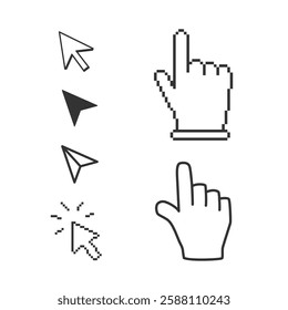 Varieties of cursors from the 90s and y2k. Computer mouse symbol in pc interface. Retro set of pointers and forefingers. Vector illustration