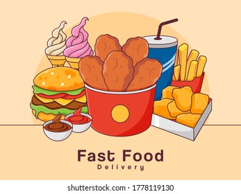 Varieties fast food and dessert flat banner background vector