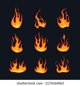 Varieties of flames set. Red blazing fires with yellow gradient on black surface dangerous fires and vector bonfires