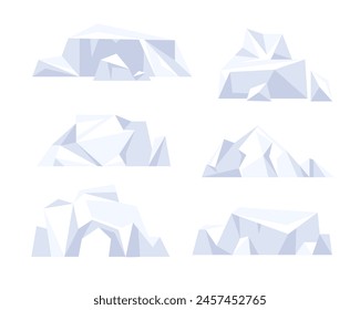 Varieties icebergs set. Antarctic cartoon ice. Floating ice mountain. Melting icebergs and frozen icy blocks.