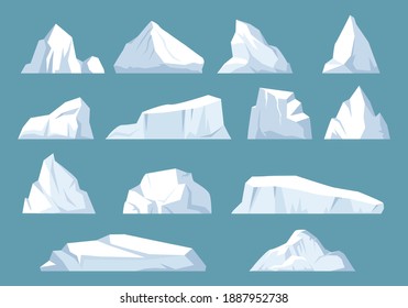 Varieties icebergs set. Geometric floating shape of ice in arctic ocean massive white surface with underwater hazard polar rock antarctic breaking away from coast and traveling by sea. Vector freeze.