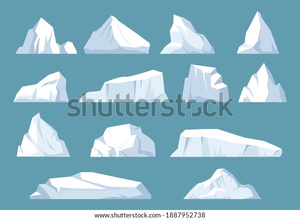 Varieties icebergs set. Geometric floating shape\
of ice in arctic ocean massive white surface with underwater hazard\
polar rock antarctic breaking away from coast and traveling by sea.\
Vector freeze.