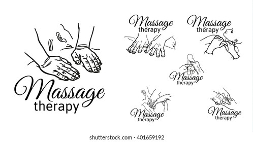 Varieties of massage hands, logos set of types of massages sketch, black and white outline vector illustration of relaxation therapy, body kneading, face, back, legs, arms. massage icons. concept 