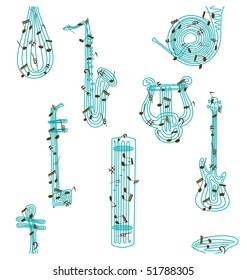 Varieties of music instruments, illustrated with lines and notes and created seamless pattern.