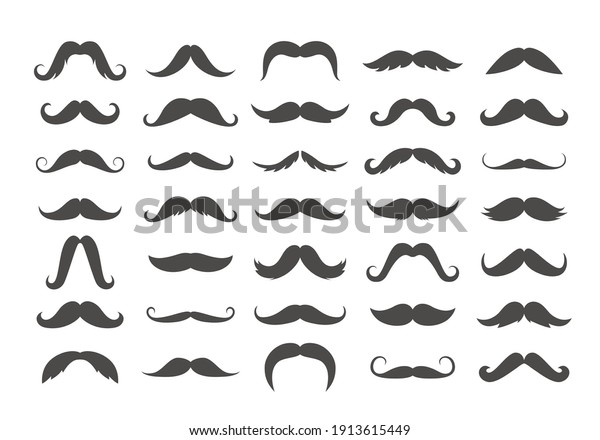Varieties of retro mustache set. Black imperial\
facial hair curly horseshoe pencil english pyramid italian and\
vintage narrow french walrus brush male hipster modern fashion.\
Collection vector.